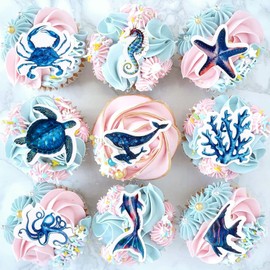 45PCS Edible Ocean Sea Animal Cupcake Topper Glutinous Rice Paper Starfish Octopus Crab Jellyfish Dolphin Starfish Seahorse Baby Shower Birthday Under the Sea Theme Party Decorations blue
