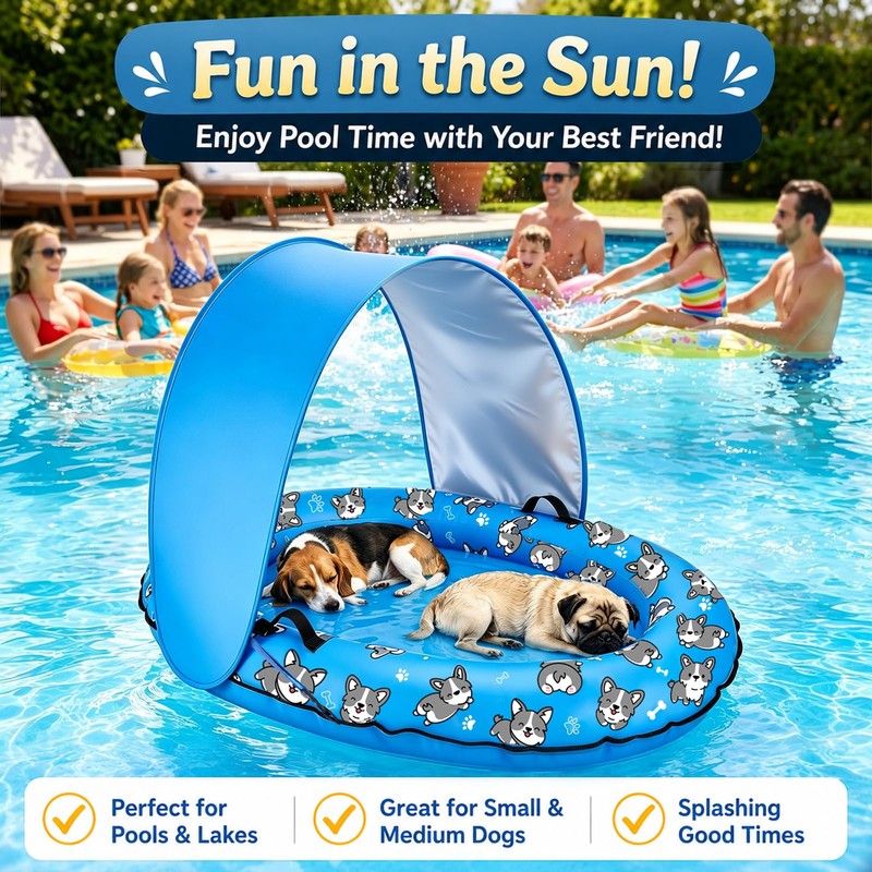 55 x 35 Inch Inflatable Dog Pool Float with Sunshade