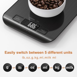 CROWNFUL Food Scale, 11 lb Digital Kitchen Scales with Built-in Coin Battery, Weight Ounces and Grams for Cooking and Baking, 6 Units with Tare Function, LCD Display, 304 Stainless Steel, Black