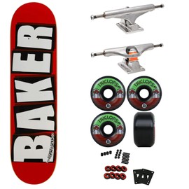 Baker Skateboards Professional Complete Skateboard Brand Logo Red/White 8.125" x 31.5" with Independent Trucks, Triclops Wheels, ABEC 5 Bearings, Hardware, and Grip - Ready to Assemble