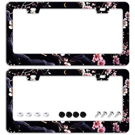 Watercolor Cherry Blossom License Plate Frames - 2 Pcs Set 2 Holes Stainless Steel Metal Auto Car Accessories Decoration License Plate Frame Cover Size 6.3" x 12.2" Fit US Vehicles for Women Men Gift