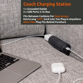 Link2Home Sofa Socket, 10ft Extension Cord, 1 Outlet, 2 Ports, 3.1A USB, with Low Profile Plug, Dark Grey