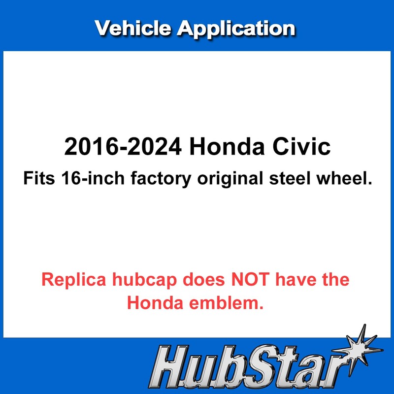 HubStar Premium Hubcap Replacement for Honda Civic 2016-2024, 16-inch Replica