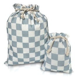 Gather & Knot Drawstring Gift Bags | 20" Large 12" Small | Premium Canvas | Gender Neutral Reusable Fabric Wrap for Mother's Day, Father's Day, Baby Shower or Birthdays | Checkers Blue