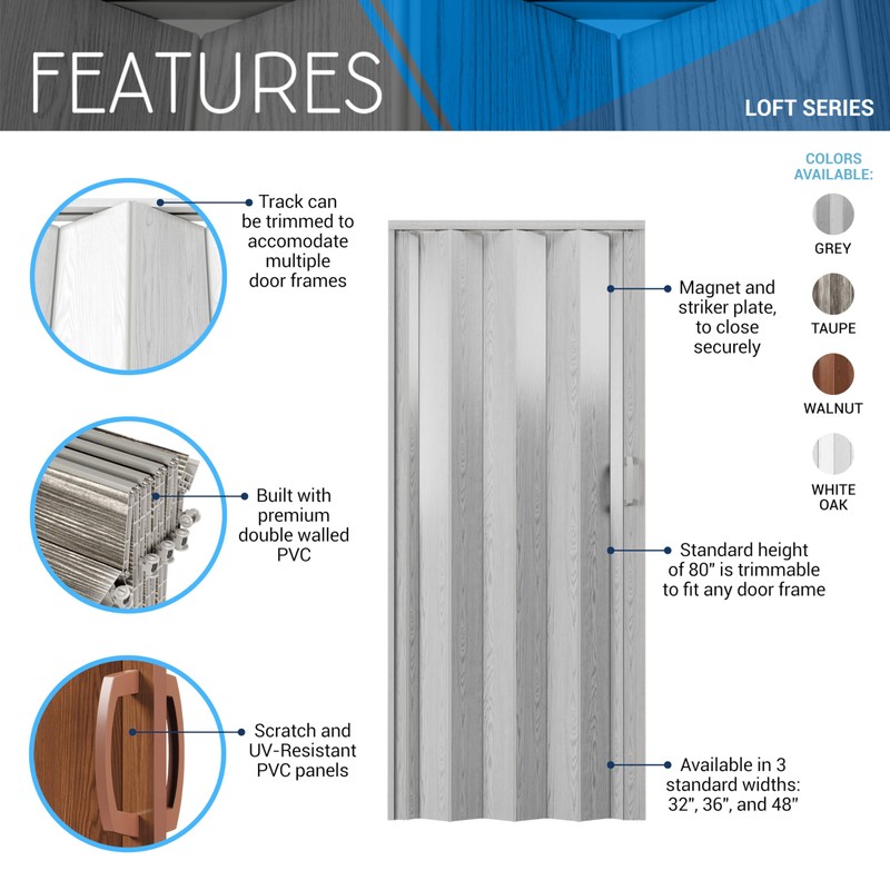 36" W Premium Foldable Accordion Doors, Double Walled Heavy Duty