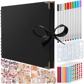 Bstorify Bstorify Large Scrap book Photo Album, (198 PCS) - 80 Pages 28 x 20 CM With 174 PCS Vintage Scrapbook Accessories Paper, 10 PCS Metallic Marker, 6 Stickers, 120 Photo Corners & 5 Stencils (Black)