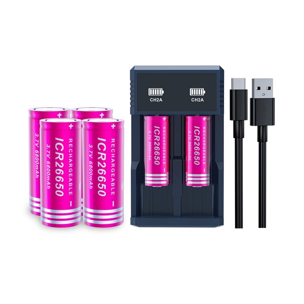 6 Pack 26650 Rechargeable Battery Large Capacity, 6800mAh 3.7volt Flat