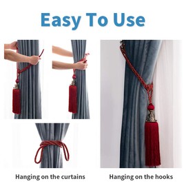 Melodieux Decorative Curtain Tiebacks Antique Tassels Holdbacks - Home Office Windows Drapery Fasteners Fringe Ropes, Set of 2 (Red)