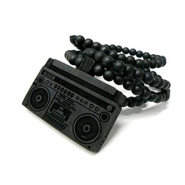 NYFASHION101 Hip-Hop Boombox Wood Pendant 36" Wooden Bead Chain Necklace, Black