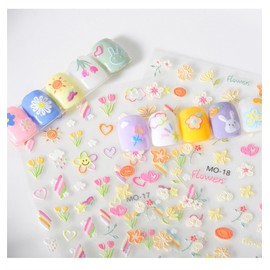 6 Sheets Flower Nail Stickers Decals 5D Embossed Cute Flower Nail Art Stickers Colorful Flower Heart Butterfly Nail Designs Self-Adhesive Floral Nail Decals Spring Nail Art Supplies DIY Manicure Decor