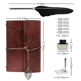 Quill Pen and Ink Set, Antique Feather Dip Calligraphy Pen Set, including Feather Pen, 5 Replacement Nibs, Pen Nib Base, Notebook, Ink, Gift Box, Best Gifts for Men Dad (Black)