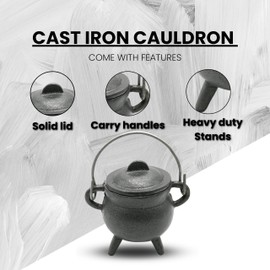 Reusable 4 Inch Cast Iron Cauldron Candle with Lid and Hanging Handle for Spell Casting, Smudging, Ritual & Blessings Pot Belly Witchcraft Candle Aromatherapy Scented (Palo Santo)