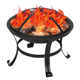 Outdoor Portable Fire Pit Wood Burning, Round Firepit for Outside, 22 Inch Metal Bonfire Fire Pits with Curved Leg, Spark Screen & Poker for Backyard, Garden, Patio, Camping, Black