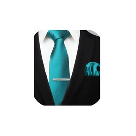 HISDERN Mens Teal Ties for Men Classic Business Necktie Light Blue Ties and Pocket Square Satin Silk Formal Wedding Solid Turquoise Tie Handkerchief Clip Set