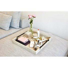 Sagala Extra Large 20" Square Ivory Shagreen Leather Ottoman Tray with Black Handles for Coffee Table, Versatile Decorative Serving Tray for Living Room(Ivory-Black, Square 20")