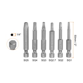 sourcing map 6Pcs Square Head Screwdriver Bits SQ1, SQ2, SQ2.7, SQ3, SQ4, SQ5 Magnetic 1/4 Inch Hex Shank 2 Inch Long for Power Screwdriver Drill Impact Driver