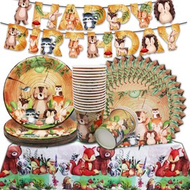Jungle Animals Party Tableware Birthday Decoration in Autumn, Jungle Safari Party Tableware Set, Children's Birthday Banner for 20 Guests, Plates Animals Cups Napkins Tablecloth