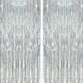 2 Pack Silver Metallic Tinsel Foil Fringe Curtains 3.28 FT X 8.20 FT Party Streamers Backdrop Birthday Door Streamers for Birthday Graduation Bachelorette Party Decorations