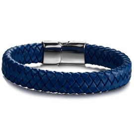 FIBO STEEL Stainless Steel Clasp Braided Leather Bracelet for Men Cuff Bracelet 7.5 inches Blue