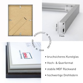 DEHA Design Tribeca Photo Frame 15 x 20 cm Aluminium Matt Silver Photo Frame for Portrait and Landscape Format Shatterproof Artificial Glass