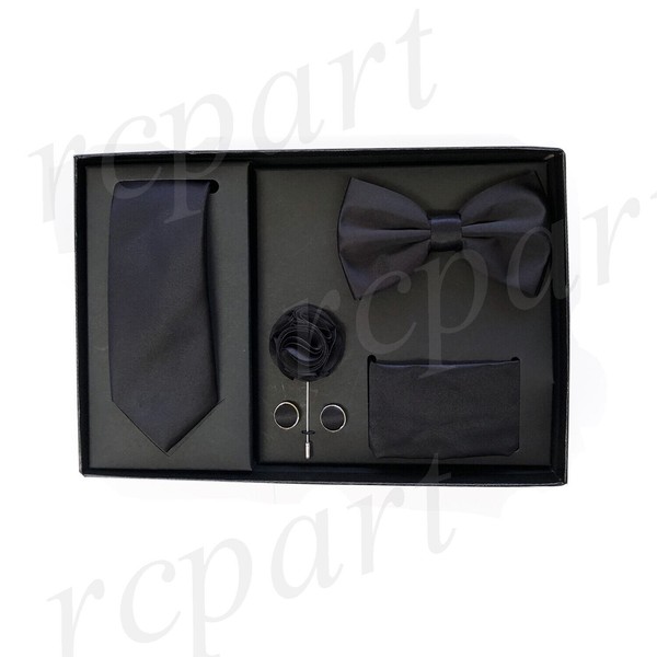 New in box Men's necktie bowtie hankie cufflinks lapel pin 5 pc Gift Black prom