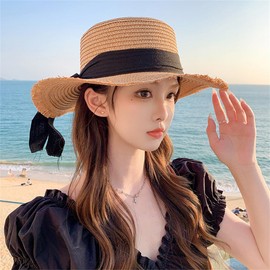 Lhyxuuuk Straw Hat, Women's, Bowknot Beach Sunscreen, Straw Hat, Small Face Effect, Chin Strap, Folding, Gardening, Travel, Sea, UV Protection, Natural Material, Breathable, Khaki A, M