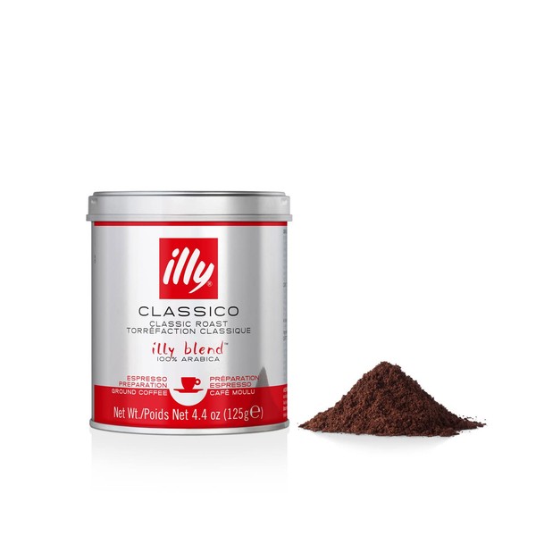 illy Classico Espresso Ground Coffee, Medium Roast, Classic Roast with Notes of Chocolate & Caramel, 100% Arabica Coffee, All-Natural, No Preservatives, 4.4oz (Pack of 1)