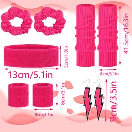 Pack of 6 Neon Party Outfit, 80s Costume Accessories for Women Set, 90s Clothing Accessories, Bum Bag, Leg Warmers, Headband, Bracelet, Earrings, Hair Ring for 80s Theme Parties, Yoga Workouts (Rose