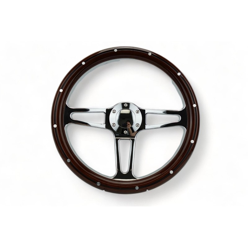 New World Motoring 14" 6 hole Mahogany Wood Chrome spoke
