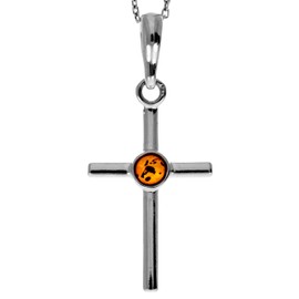SilverAmber Jewellery UK - 925 Sterling Silver & Genuine Baltic Cognac Amber Classic Cross Pendant - 1987