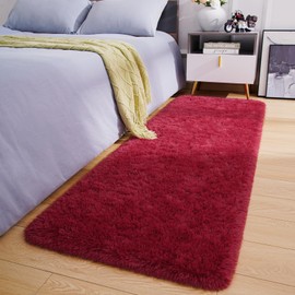 Amearea Shag Fluffy Runner Rug for Bedroom Girls Living Room, 2x6 Feet Extra Soft and Fuzzy Shaggy Rugs, Non Slip, Indoor Floor Long Carpet Mat for Boys Nursery Home Decor, Wine Red