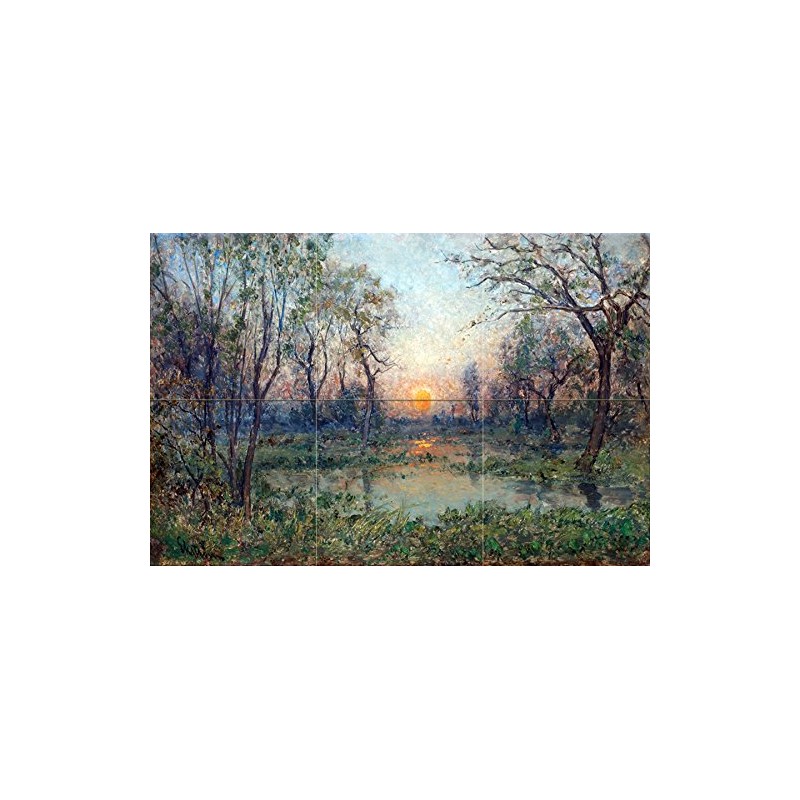 Tile Mural Landscape Sun Sunset Forest Lake Trees by Per