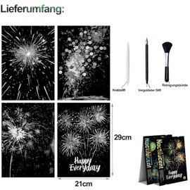 ShipeeKin 4 x Luminous Scratch Pictures, 290 x 210 mm, A4, Wall Picture, Scratch Pictures, Scratch Papers for Adults, Children with Tool Set (Fireworks)