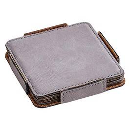 Set of 4 Gray Leatherette Square Coasters, 4"