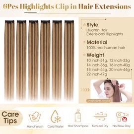 Rich Choices Clip in Hair Extensions Human Hair Highlights 6Pcs Medium Brown mix Dark Blonde Hair Extensions Clip in Real Remy Hair (44g 18 Inch)