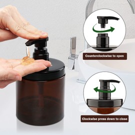 Hethyo Pump Bottle Dispenser 3 Pcs 600ml/20oz Refillable Plastic Pump Bottles Wide Mouth Jar Style BPA Free Empty Pump Bottles Bathroom Shower Containers for Lotion Shampoo Conditioner (Brown)