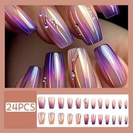 24Pcs Coffin Press on Nails Medium Length Fake Nails Colorful Purple Gradient Acrylic Stick on Nails Glossy False Nails with Stripes Rhinestones Designs Cute Glue on Nails for Women Girls