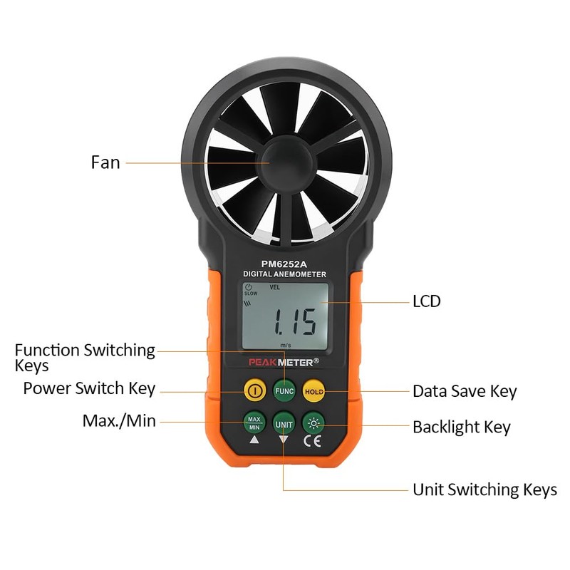 PEAKMETER PM6252A Medidor de velocidad del viento Anemómetro Digital Viento