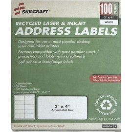 AbilityOne - Label, Shipping, Recycled, Laser and Inkjet, White, 2" x 4", 100 Sheets 7530-01-514-4903: Box, 1 Item(s)