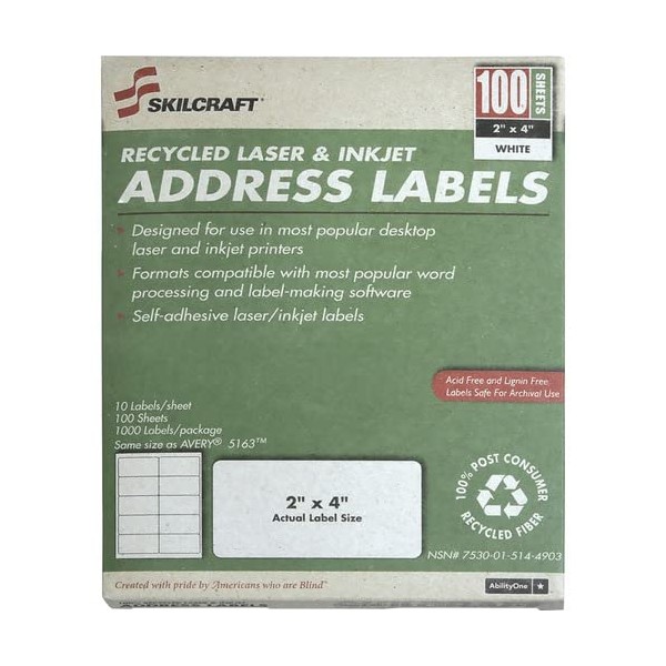 AbilityOne - Label, Shipping, Recycled, Laser and Inkjet, White, 2"