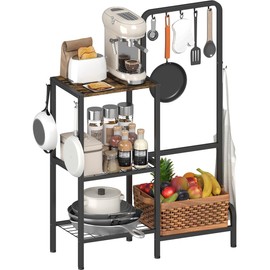 mocomax Kitchen Stand Shelf with Storage, 3-Tier Utility Baker's Rack for Spices, Adjustable Coffee Bar Station with 8 Hooks, Space-Saving Microwave Oven Stand for Pots, Pans & Utensils, Black