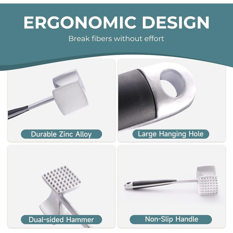 Meat Tenderizer Stainless Steel - Oversized Kitchen Mallet, Soft Grip