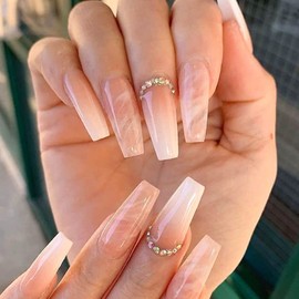 YoYoee Nude Press On Nails Long Coffin Fake Nails Gradient Acrylic False Nails Marble Nails for Wonen and Girls (24 PCS)