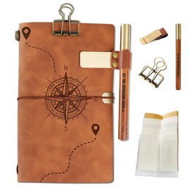 InnoBeta Refillable Leather Travel Journal Travelers Notebook 7.87 x 4.7 Cover, 4 x 7.5 Pages (Inches), Travel Diary with 6 Inserts, Pen Holder and Binder Clip, Journal for Men Women, Compass