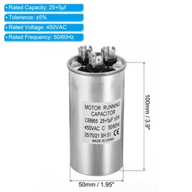 PATIKIL 25+5uF ±5% 25/5MDF 450V AC Fan Start Capacitor, CBB65 Circular Dual Run Capacitor for AC Motor Run Air Conditioner Cool Heat Pump Condenser Straight