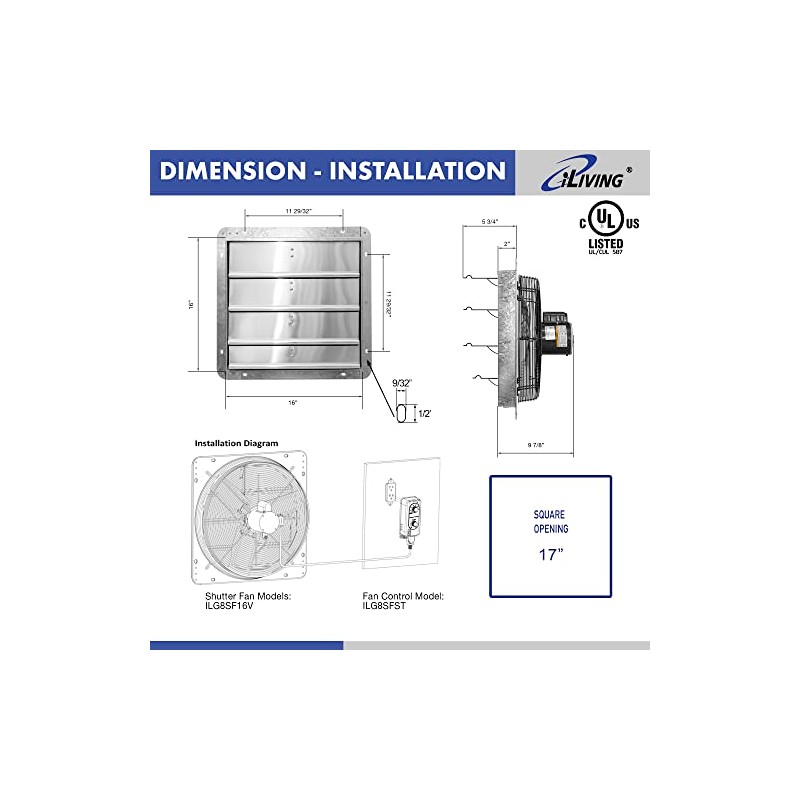 iLIVING 16" Wall Mounted Shutter Exhaust Fan, Automatic Shutter, with
