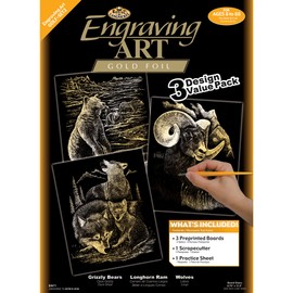 Royal & Langnickel Scratch Picture Set Wild Animals, Gold, 3 Pictures, Bears, Capricorn, Wolves, Scratch Pictures for Children and Adults, with Scratch Pen and Templates