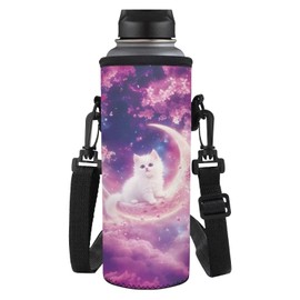 HUGS IDEA White Cat Water Bottle Holders Moon Galaxy Crossbody Waterbottle Sleeve for Travel, Hiking, Fits 1L Bottles, Adjustable Strap Water Bottle Carrier for Women