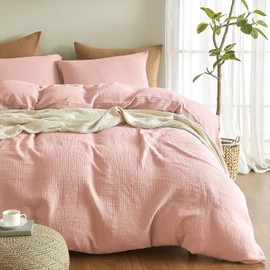 Boqingzhu Double Muslin Bed Linen Pink 200 x 200 cm Cotton Soft Cuddly Summer Cotton Bed Linen Set Linen Pink Dusky Pink Duvet Cover 200 x 200 cm and 2 Pillowcases 80 x 80 cm with Zip