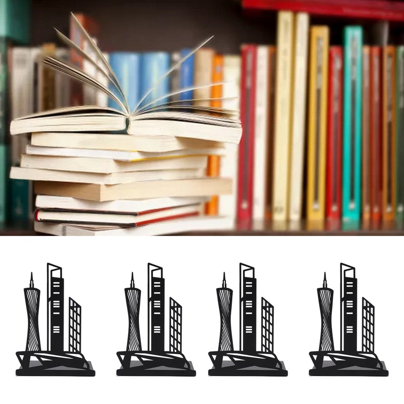 4pcs Bookends Black Architectural Style Decorative Non Slip Metal Desktop
